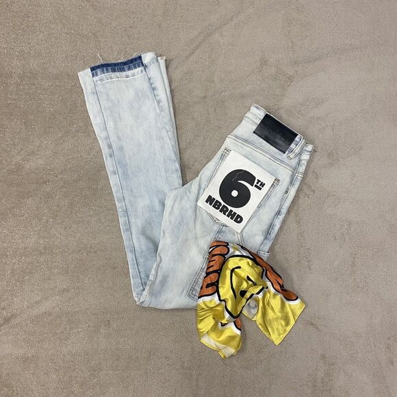 6th NBRHD NEW Mens 28 Stacked Jeans New Fields Light Wash Distressed Stretch - Picture 2 of 16